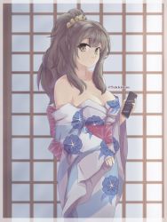 Rule 34 | 1girl, absurdres, artist name, bare shoulders, breasts, brown eyes, brown hair, cellphone, cleavage, closed mouth, collarbone, expressionless, floral print, futaba rio, highres, holding, holding phone, japanese clothes, kimono, large breasts, long hair, long sleeves, looking at viewer, no eyewear, off shoulder, phone, ponytail, scrunchie, seishun buta yarou, smartphone, solo, takkikun, wavy hair
