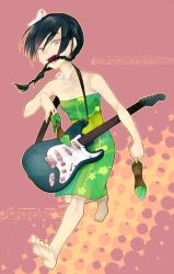 Rule 34 | 1girl, alternate costume, avatar: the last airbender, avatar legends, barefoot, black hair, dress, electric guitar, feet, fender stratocaster, grey eyes, guitar, high heels, holding, holding shoes, instrument, knknknk, nickelodeon, running, shoes, unworn shoes, short twintails, solo, toph bei fong, twintails