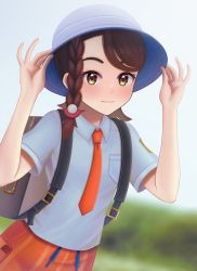 Rule 34 | 1girl, absurdres, backpack, bag, blurry, blurry background, blush, braid, brown bag, brown eyes, brown hair, closed mouth, collared shirt, commentary request, creatures (company), day, eyelashes, game freak, grey hat, grey shirt, hair ornament, hands on headwear, hat, highres, juliana (pokemon), long hair, necktie, nintendo, orange necktie, orange shorts, outdoors, pokemon, pokemon sv, shirt, short sleeves, shorts, single braid, smile, solo, zero artbox