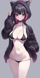 Rule 34 | 1girl, animal ear hood, bags under eyes, bikini, black bikini, black choker, black hair, black jacket, blue archive, blush, breasts, choker, cleavage, collarbone, colored inner hair, cowboy shot, fake animal ears, grey background, halo, hand in pocket, highres, hood, hooded jacket, jacket, kazusa (blue archive), looking at viewer, medium breasts, mokamaboko, multicolored hair, narrow waist, navel, red hair, simple background, solo, stomach, string bikini, swimsuit, two-tone hair