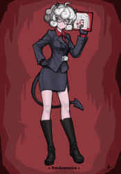 Rule 34 | 1girl, absurdres, ahoge, black-framed eyewear, black footwear, black gloves, black skirt, boots, breasts, character name, clipboard, closed mouth, collared shirt, demon girl, demon horns, demon tail, evachohoki, eyebrows, full body, glasses, gloves, hand on own hip, helltaker, highres, holding, holding clipboard, horns, knee boots, long sleeves, looking at viewer, medium breasts, messy hair, pandemonica (helltaker), pencil skirt, red eyes, red shirt, round eyewear, shirt, short hair, signature, skirt, smile, solo, tail, white hair