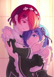 Rule 34 | 10s, 2girls, apron, bare shoulders, black dress, black ribbon, blue eyes, blue hair, blunt bangs, blush, closed mouth, detached collar, detached sleeves, dress, evening, frilled sleeves, frills, hair ornament, hair over one eye, hair ribbon, hairclip, hand on another&#039;s cheek, hand on another&#039;s face, holding, hug, incest, indoors, jellypon, light smile, lips, long sleeves, looking at another, looking down, maid, maid headdress, multiple girls, pink eyes, pink hair, pink ribbon, puffy sleeves, purple ribbon, ram (re:zero), re:zero kara hajimeru isekai seikatsu, rem (re:zero), ribbon, ribbon-trimmed clothes, ribbon trim, serious, short hair, siblings, simple background, sisters, smile, twins, wide sleeves, window, x hair ornament