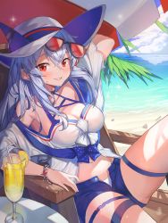 Rule 34 | 1girl, absurdres, arknights, arm up, bare shoulders, beach, blue shorts, blue sky, blush, breasts, cleavage, cloud, commentary, cup, day, drinking glass, drinking straw, english commentary, eyewear on head, food, fruit, grin, highres, huge filesize, innochan, lemon, lemon slice, long hair, looking at viewer, medium breasts, ocean, off-shoulder shirt, off shoulder, official alternate costume, open fly, outdoors, parted lips, red eyes, shirt, short shorts, short sleeves, shorts, silver hair, sitting, skadi (arknights), skadi (waverider) (arknights), sky, smile, solo, sunglasses, sunglasses on head, thighs, water, white headwear, white shirt