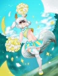 Rule 34 | 10s, alternate costume, alternate hairstyle, anteater ears, anteater tail, arm up, bare shoulders, black hair, bow, cheerleader, commentary request, crop top, extra ears, frilled skirt, frills, from below, hair tie, highres, kemono friends, kemono friends festival, midriff, multicolored hair, navel, odorutora3, pom pom (cheerleading), short twintails, skirt, sleeveless, southern tamandua (kemono friends), standing, standing on one leg, thighhighs, twintails, white hair, zettai ryouiki