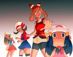 Rule 34 | 4girls, bad id, bad twitter id, beanie, bow, brown hair, chibi, creatures (company), dawn (pokemon), game freak, gradient background, hair bow, hat, king fabu, leaf (pokemon), long hair, looking at viewer, lyra (pokemon), may (pokemon), multiple girls, nintendo, outstretched arm, overalls, pokemon, pokemon bdsp, pokemon frlg, pokemon hgss, pokemon oras, scared, scarf, shaded face, short shorts, shorts, skirt, sleeveless, smile, thighhighs, twintails, white headwear