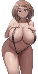 Rule 34 | 1girl, absurdres, alternate breast size, blush, boku no hero academia, breasts, brown eyes, brown hair, cleavage, collarbone, curvy, hands on own chest, highres, huge breasts, jasony, looking at viewer, navel, short hair, slingshot swimsuit, smile, solo, stomach, swimsuit, thick thighs, thighs, uraraka ochako, white background, wide hips