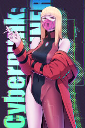 Rule 34 | 1girl, aged down, alternate hair length, alternate hairstyle, asymmetrical clothes, black bodysuit, blonde hair, blunt bangs, bodysuit, breasts, cigarette, coat, colored sclera, commentary, covered navel, crossed arms, cyberpunk, cyberpunk (series), cyberpunk edgerunners, cyborg, english commentary, highres, hime cut, holding, holding cigarette, kiwi (cyberpunk), large breasts, long coat, long hair, looking at viewer, mask, mouth mask, multicolored bodysuit, multicolored clothes, off shoulder, pink eyes, purple nails, red bodysuit, red coat, sawasa, single pantsleg, smoking, solo, standing, straight hair, yellow sclera