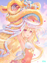 Rule 34 | 1girl, animal costume, armpits, arms up, atdan, bare shoulders, blonde hair, breasts, dress, floating hair, halter dress, halterneck, highres, lion costume, lion dance, long hair, looking at viewer, open mouth, original, petals, pink eyes, sleeveless, sleeveless dress, small breasts, smile, solo