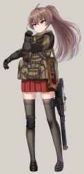 Rule 34 | 1girl, ahoge, black thighhighs, brown hair, brown jacket, full body, gloves, grey gloves, gun, highres, integral suppressor, integrally-suppressed firearm, jacket, knee pads, loafers, long hair, looking away, miniskirt, original, pleated skirt, ponytail, pouch, red eyes, red skirt, rifle, scope, shoes, single knee pad, skirt, sniper rifle, solo, standing, strap, stretching, suppressor, thighhighs, toz (tulsky oruzheiny zavod), tsniitochmash, tula arms plant, vss vintorez, weapon, yakob labo, zettai ryouiki