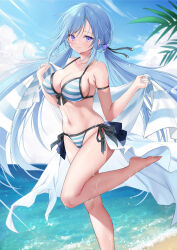 Rule 34 | 1girl, arm strap, armpit crease, bare legs, bare shoulders, barefoot, beach, bikini, blue bikini, blue hair, blue nails, breasts, cleavage, closed mouth, collarbone, day, emori miku, front-tie bikini top, front-tie top, hair bobbles, hair ornament, halterneck, hands up, highres, holding, holding towel, large breasts, leg up, liver city, long hair, looking at viewer, low twintails, nail polish, navel, outdoors, purple eyes, side-tie bikini bottom, skindentation, smile, solo, standing, standing on one leg, stomach, string bikini, striped bikini, striped clothes, sunlight, swimsuit, thighs, towel, twintails, very long hair, virtual youtuber, waist cape, wet, yoruhoshi owl