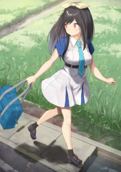 Rule 34 | 1girl, bag, black footwear, black hair, black socks, blue necktie, blush, breasts, closed mouth, collared shirt, commentary request, day, eyebrows hidden by hair, full body, hair ribbon, holding, holding bag, loafers, long hair, looking away, looking back, medium breasts, necktie, original, outdoors, plaid necktie, plaid neckwear, pleated skirt, red eyes, ribbon, school bag, shirt, shoes, short sleeves, skirt, smile, socks, solo, tyone, walking, white shirt, white skirt, yellow ribbon