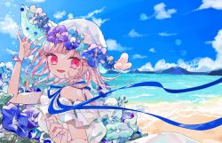 Rule 34 | 1girl, :d, adjusting clothes, adjusting headwear, alternate costume, arm up, bare arms, bare shoulders, beach, blue flower, blue necktie, blue sky, blush, bracelet, cloud, commentary, danganronpa (series), danganronpa 2: goodbye despair, dot nose, dress, flipped hair, flower, frilled dress, frills, happy, hat, hat flower, highres, jewelry, looking at viewer, looking back, mountainous horizon, nanami chiaki, necktie, ocean, open mouth, osshouri55, outdoors, pink eyes, pink hair, purple flower, ribbon, sky, smile, solo, sun hat, upper body, white dress, white hat