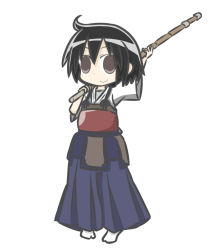 Rule 34 | 1girl, armor, black hair, bougu, hakama, hakama skirt, japanese clothes, medisuke, original, shinai, simple background, skirt, solo, sword, weapon