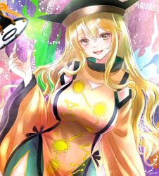 Rule 34 | 1girl, :d, black hat, blonde hair, blush, breasts, constellation print, detached sleeves, drum, green skirt, hair between eyes, hajike akira, hand up, hat, highres, instrument, large breasts, long hair, long sleeves, looking at viewer, matara okina, one-hour drawing challenge, open mouth, sidelocks, simple background, skirt, smile, solo, sun symbol, tabard, touhou, traditional media, tsuzumi, very long hair, wide sleeves, yellow eyes