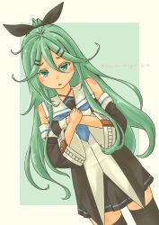 Rule 34 | absurdres, black ribbon, black serafuku, black skirt, black thighhighs, blue neckerchief, blue ribbon, breasts, detached sleeves, dress, dutch angle, green dress, green eyes, green hair, hair between eyes, hair flaps, hair ornament, hair ribbon, hairclip, highres, kantai collection, long hair, looking at viewer, neckerchief, open mouth, parted bangs, pleated skirt, ponytail, pot-de, ribbon, school uniform, serafuku, sidelocks, skirt, small breasts, thighhighs, twitter username, white background, wide sleeves, yamakaze (kancolle)