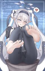 Rule 34 | 1girl, :p, absurdres, barefoot, blue archive, blush, feet, grey hair, hairband, highres, himari (blue archive), long hair, looking at viewer, one eye closed, pointy ears, silver bullet (yhq811), soles, steam, toes, tongue, tongue out, wink