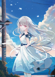 Rule 34 | 1girl, asumi sena, bare shoulders, blue dress, blue sailor collar, blue sky, braid, closed mouth, cloud, commentary request, copyright notice, crown braid, day, detached sleeves, dress, from side, grey hair, highres, horizon, iren lovel, long hair, looking at viewer, looking to the side, multicolored hair, ocean, official art, outdoors, pink hair, pleated dress, power lines, puffy short sleeves, puffy sleeves, red eyes, revision, sailor collar, sailor dress, short sleeves, sky, sleeveless, sleeveless dress, smile, solo, streaked hair, utility pole, very long hair, virtual youtuber, vspo!, water, white dress, white sleeves