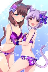 Rule 34 | 10s, 2girls, :d, animal ears, ass, blue eyes, blush, bow, bow bra, bow panties, bra, breasts, brown hair, butt crack, cat ears, cat tail, chiji komari, cleavage, earrings, fang, gloves, hair bow, heart, heart-shaped pupils, highres, idolmaster, idolmaster cinderella girls, jewelry, kemonomimi mode, koshimizu sachiko, lingerie, looking at viewer, multiple girls, necklace, open mouth, panties, purple bra, purple gloves, purple hair, purple panties, sakuma mayu, short hair, small breasts, smile, symbol-shaped pupils, tail, underwear, underwear only