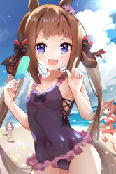 Rule 34 | &gt; &lt;, 3girls, animal ears, bad id, bad pixiv id, beach, brown hair, collarbone, commentary request, daiwa scarlet (trifle vacation) (umamusume), daiwa scarlet (umamusume), food, highres, horse ears, horse girl, horse tail, long hair, meyamu, multiple girls, official alternate costume, popsicle, purple eyes, running, sky, special week (hopping vitamin heart) (umamusume), special week (umamusume), sweep tosho (monopolizing the chill?) (umamusume), sweep tosho (umamusume), swimsuit, tail, twintails, umamusume