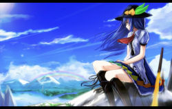 Rule 34 | 1girl, blue hair, blue sky, boots, cloud, day, food, fruit, grass, hat, hinanawi tenshi, knee boots, lake, letterboxed, looking afar, mountain, nakaichi (ridil), outdoors, peach, planted sword, planted, puffy sleeves, rainbow, river, shirt, sitting, skirt, sky, smile, solo, sword, sword of hisou, touhou, weapon, wind, zeb nakaichi