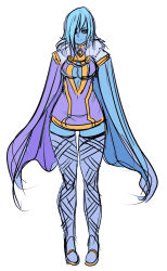 Rule 34 | 1girl, alternate legwear, blue eyes, blue hair, blue skin, breasts, cape, cleavage, cleavage cutout, clothing cutout, colored skin, dress, fi (zelda), hair over one eye, highres, maniacpaint, matching hair/eyes, nintendo, no arms, pigeon-toed, short dress, short hair, sketch, smile, solo, the legend of zelda, the legend of zelda: skyward sword, thigh gap, thighhighs, zettai ryouiki