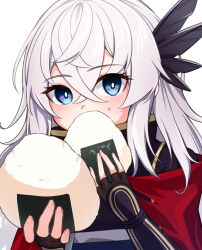 Rule 34 | 1girl, blue eyes, bright pupils, eating, fate/grand order, fate (series), feather hair ornament, feathers, fingerless gloves, food, food on face, gloves, grey hair, hair ornament, highres, long hair, onigiri, rice, rice on face, saika magoichi (fate), sakuraike, white background, white pupils