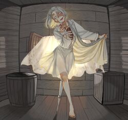 Rule 34 | 1girl, alcohol, barefoot, black nails, blue eyes, bob cut, box, coat hold, commentary, crossed legs, crushing, cup, curtains, cyborg, day, dr. ayumu, drinking glass, english commentary, exposed bone, exposed muscle, floating clothes, full body, grey eyes, grey hair, hand up, head tilt, heart (organ), heterochromia, holding, holding cup, hole in chest, hole on body, houseki no kuni, iciriini, indoors, lab coat, long sleeves, looking at viewer, open clothes, open mouth, open shirt, outstretched arm, parted bangs, prosthesis, prosthetic leg, ribs, rotting, scar, scar on face, see-through silhouette, shirt, shirt tucked in, short hair, skirt, solo, sunlight, white shirt, white skirt, window, wine, wooden floor