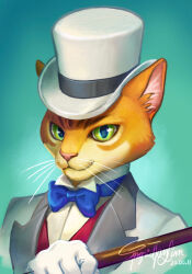 1boy :3 animal_ears bow bowtie cane cat_boy cat_ears commentary english_commentary formal furry furry_male gloves green_background green_eyes hat highres holding holding_cane ingridtan looking_at_viewer male_focus neko_no_ongaeshi painterly procreate_(medium) signature smile solo suit the_baron top_hat upper_body whiskers