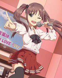 Rule 34 | 10s, 1girl, ;d, black thighhighs, brown hair, dutch angle, green eyes, karaoke, long hair, looking at viewer, microphone, music, official art, okamoto miyu, one eye closed, open mouth, pinky out, pointing, ribbon, singing, skirt, smile, solo, thighhighs, twintails, wake up girls!, wake up girls! stage no tenshi, wink, zettai ryouiki