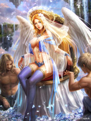 Rule 34 | 1girl, 2boys, angel wings, bikini, blonde hair, blue eyes, blue thighhighs, breasts, cleavage, floating island, flower, hair flower, hair ornament, halo, jewelry, large breasts, legend of the cryptids, light rays, lips, looking at viewer, multiple boys, navel, see-through, shuichi wada, solo focus, swimsuit, thighhighs, throne, veil, water, waterfall, wings