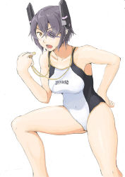 Rule 34 | 10s, 1girl, bare shoulders, breasts, collarbone, competition swimsuit, covered navel, eyepatch, hair between eyes, hand on own hip, headgear, holding, holding whistle, kantai collection, large breasts, leg up, looking at viewer, one-piece swimsuit, open mouth, purple hair, short hair, simple background, solo, swimsuit, tenryuu (kancolle), vent arbre, whistle, white background, yellow eyes