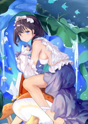 Rule 34 | 1girl, :t, animal, bikini, bikini top only, black hair, blue eyes, blue skirt, blush, book, breasts, closed mouth, commentary request, detached sleeves, feet out of frame, fish, highres, long hair, long sleeves, looking at viewer, looking to the side, medium breasts, mosta (lo1777789), mushroom, original, pout, puffy long sleeves, puffy sleeves, shirt, sitting, skirt, sleeves past wrists, solo, swimsuit, water, white bikini, white shirt, white sleeves