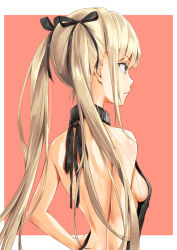 Rule 34 | 1girl, backless outfit, bitterpain, black ribbon, black sweater, blonde hair, blue eyes, border, breasts, closed mouth, dress, floating hair, from behind, hair ribbon, hand on own hip, highres, long hair, meme attire, original, outside border, profile, red background, ribbed sweater, ribbon, shiny skin, shorts under dress, sideboob, small breasts, solo, sweater, twintails, upper body, very long hair, vest, virgin killer sweater, white border