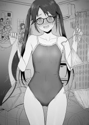 Rule 34 | 1girl, :d, bare arms, bare shoulders, bed, bikini, blush, collarbone, commentary request, competition school swimsuit, competition swimsuit, covered navel, cowboy shot, flat chest, glasses, gluteal fold, greyscale, highres, holding, idolmaster, idolmaster shiny colors, indoors, long hair, looking at viewer, mitsumine yuika, monochrome, nose blush, one-piece swimsuit, open mouth, poster (object), school swimsuit, smile, solo, sweat, swimsuit, thigh gap, tsurui, twintails