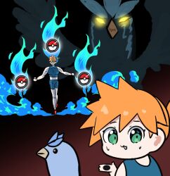 1girl animal articuno asymmetrical_hair bird breasts chibi creatures_(company) game_freak gen_1_pokemon glowing glowing_eyes green_eyes gym_leader highres holding holding_poke_ball legendary_pokemon looking_at_viewer misty_(pokemon) nintendo orange_hair phone poke_ball poke_ball_(basic) pokemon pokemon_(anime) pokemon_(classic_anime) pokemon_frlg pokemon_rgby ponytail shirt short_hair shorts side_ponytail sleeveless smile solo suspenders sweat sweatdrop