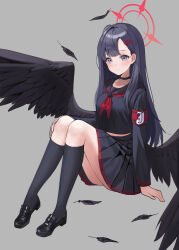 Rule 34 | 1girl, absurdres, black choker, black footwear, black hair, black sailor collar, black shirt, black skirt, black socks, black wings, blue archive, choker, closed mouth, commentary, feathered wings, feathers, grey background, grey eyes, halo, highres, ichika (blue archive), kneehighs, knees up, long hair, looking at viewer, low wings, orb 6, pleated skirt, red halo, sailor collar, shirt, shoes, simple background, sitting, skirt, smile, socks, solo, wings