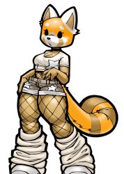 Rule 34 | 1girl, aggressive retsuko, black claws, black eyes, body markings, breasts, brown fur, crop top, facial mark, fishnet thighhighs, fishnets, full body, furry, furry female, highres, large breasts, orange fur, raccoon girl, retsuko, shoes, shorts, solls0ll, tail, thick thighs, thighhighs, thighs, white footwear, white fur