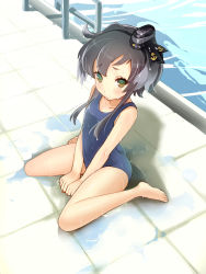 Rule 34 | 10s, 1girl, alternate costume, barefoot, black hair, highres, kantai collection, looking at viewer, looking up, one-piece swimsuit, pool, sakuhiko, school swimsuit, short hair with long locks, sitting, solo, swimsuit, tokitsukaze (kancolle), wet, wet hair