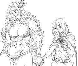 Rule 34 | 2girls, abs, amazon (dragon&#039;s crown), armor, bad id, bare shoulders, bb (baalbuddy), belt, bikini armor, bracer, breasts, candy, cloak, commentary, dragon&#039;s crown, elf, elf (dragon&#039;s crown), english commentary, english text, closed eyes, food, gloves, greyscale, headband, height difference, highres, holding, holding candy, holding food, holding hands, holding lollipop, hood, hooded cloak, inactive account, jitome, large breasts, lollipop, long hair, monochrome, multiple girls, muscular, muscular female, navel, pointy ears, simple background, smile, tongue, tongue out, white background