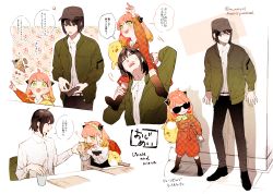 Rule 34 | 1boy, 1girl, absurdres, anya (spy x family), black hair, burger, carrying, child, collared shirt, comic, crepe, cup, disposable cup, female child, food, green eyes, hairband, hairpods, hat, highres, hinamori (m nmy01), holding, holding food, holding stuffed toy, jacket, medium hair, pants, pink hair, red eyes, shirt, shoulder carry, spy x family, stuffed animal, stuffed toy, sunglasses, uncle and niece, wallet, white shirt, yuri briar