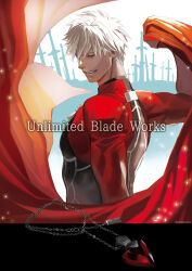 Rule 34 | 1boy, archer (fate), bad id, bad pixiv id, cape, closed eyes, dark-skinned male, dark skin, fate/stay night, fate (series), highres, holding, jakojakojako, jewelry, male focus, pendant, red cape, red sleeves, short hair, smile, solo, sword, teeth, weapon, white hair