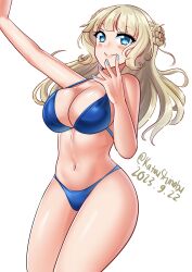 Rule 34 | 1girl, absurdres, bikini, blue eyes, blue nails, blunt bangs, breasts, cleavage, cowboy shot, dated, hair bun, highres, kantai collection, katou shinobu, large breasts, long hair, nail polish, one-hour drawing challenge, ranger (kancolle), simple background, single side bun, smile, solo, standing, swimsuit, twitter username, white background