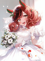 Rule 34 | 1girl, alternate costume, bouquet, brooch, brown eyes, commentary request, cowboy shot, dress, ear covers, flower, gloves, hair between eyes, hair flower, hair ornament, highres, holding, holding bouquet, horse girl, jewelry, looking at viewer, necklace, nice nature (umamusume), open mouth, petals, reaching, reaching towards viewer, red hair, ribbon, rose petals, sekiyu inu, short sleeves, simple background, solo, twintails, umamusume, wedding dress, white dress, white gloves