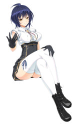Rule 34 | 1girl, black gloves, blue hair, boots, brown eyes, cle masahiro, covered erect nipples, crossed legs, full body, gloves, hand on own knee, highres, invisible chair, kouno yuria, looking at viewer, official art, short hair, simple background, sitting, skirt, smile, solo, thighhighs, valkyrie drive, valkyrie drive -siren-, white background, white thighhighs
