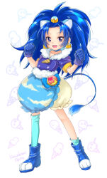 Rule 34 | 10s, 1girl, :d, animal ears, artist name, bad id, bad pixiv id, blue bow, blue eyes, blue footwear, blue gloves, blue hair, blue neckwear, blue shirt, blue skirt, blue thighhighs, bow, choker, crown, cure gelato, earrings, full body, gloves, highres, jewelry, kawagami raito, kirakira precure a la mode, layered skirt, lion ears, lion tail, long hair, looking at viewer, magical girl, mini crown, open mouth, precure, shirt, shoes, simple background, single thighhigh, skirt, smile, solo, standing, tail, tategami aoi, thighhighs, white background, white skirt