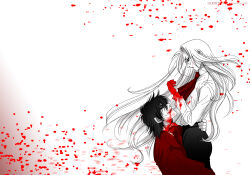 Rule 34 | 1boy, 1girl, alucard (hellsing), ascot, blood, blood from mouth, blood on clothes, blood on face, blood on hands, carrying, glasses, gradient background, hellsing, highres, integra hellsing, jacket, limited palette, long hair, medium hair, red ascot, red jacket, toshimichi yukari, very long hair