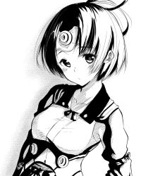 Rule 34 | 1girl, blush, closed mouth, commentary request, drop shadow, greyscale, headband, highres, jacket, koutetsujou no kabaneri, long sleeves, looking at viewer, monochrome, mumei (kabaneri), shirt, short hair, solo, underbust, upper body, white background, yuki arare