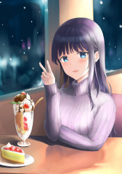 Rule 34 | 1girl, absurdres, aquaplus, arm up, black hair, blue eyes, blush, breasts, cake, cake slice, chocolate, fingernails, food, fruit, gradient eyes, highres, ice cream, indoors, koshu z, large breasts, long hair, long sleeves, looking at viewer, multicolored eyes, open mouth, plate, raised eyebrows, sidelocks, sitting, snowing, solo, spoon, strawberry, sweater, table, touma kazusa, upper body, very long hair, white album, white album (series), white album 2, window
