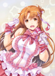 Rule 34 | 10s, 1girl, asuna (sao), bare shoulders, bow, breasts, brown eyes, brown hair, frilled shirt, frills, gloves, hair ornament, highres, idol, kiyama satoshi, large breasts, long hair, looking at viewer, microphone, open mouth, shirt, skirt, sleeveless, sleeveless shirt, smile, solo, sword art online, very long hair, white gloves