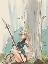 Rule 34 | 1girl, against tree, bird, blonde hair, breasts, claudia (shishiseed), elf, forest, grass, green eyes, holding, holding polearm, holding weapon, large breasts, long hair, nature, original, outdoors, pointy ears, polearm, shishiseed, solo, tree, very long hair, weapon